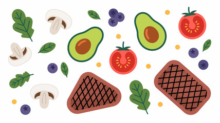 A vibrant illustration set of healthy food ingredients like avocado, grilled steak, and vegetables, perfect for a balanced diet concept