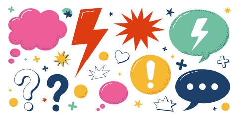 Vibrant set of hand-drawn comic book pop art elements with speech bubbles, lightning bolts, and exclamation marks.