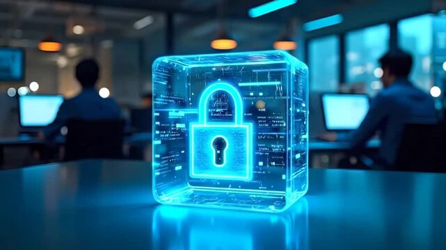 A glowing holographic padlock in cube on desk with blurred office workers in background - data security, cybersecurity, and digital protection concept