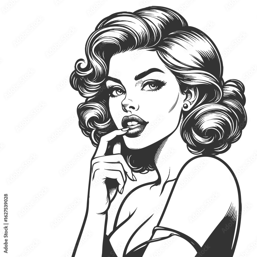 Poster pinup-style woman with voluminous curls and a flirtatious finger-on-lips expression sketch engraving