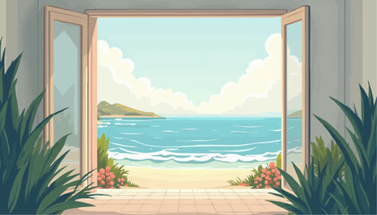 Open Balcony View of Seaside Beach with Cloudy Sky and Green Hills