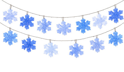 Two rows of light blue snowflake decorations hang on a dark brown string