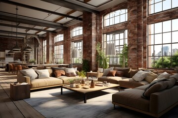 Urban loft with exposed brick walls and industrial-style furniture