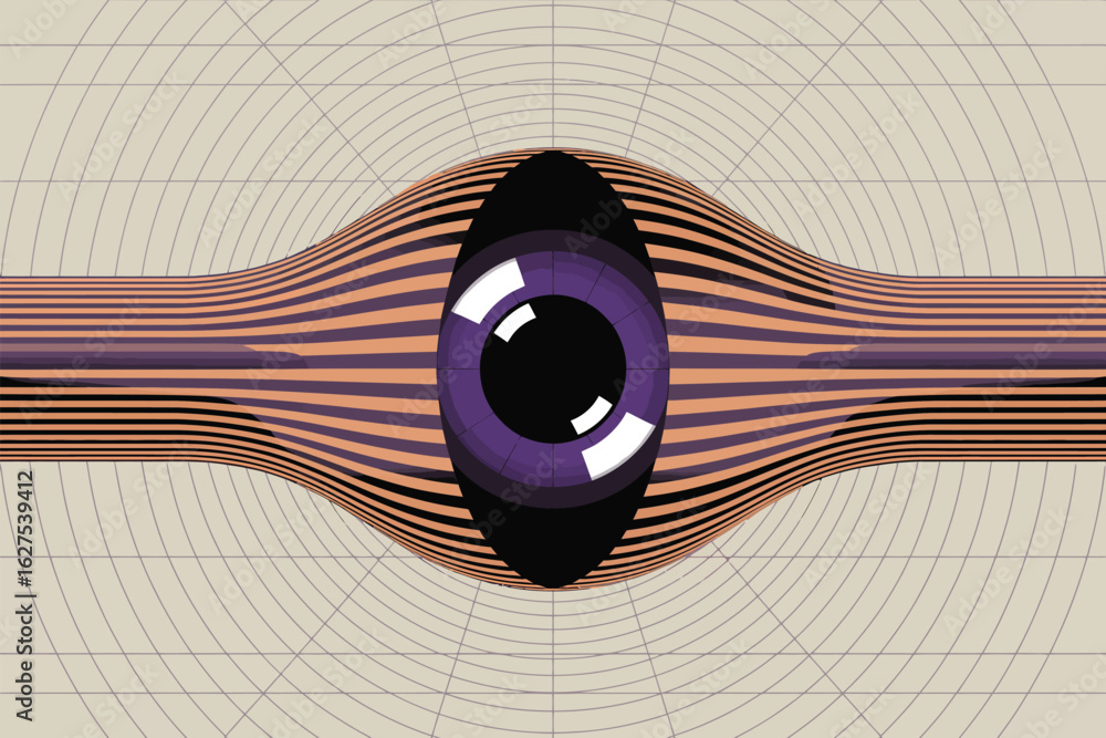 Poster a stylized eye with purple iris and horizontal lines creating a tunnel effect on a grid background