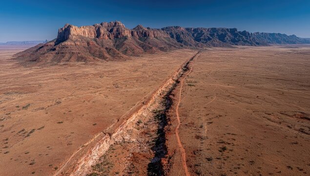 Aerial view of a vast, arid landscape with a dramatic canyon