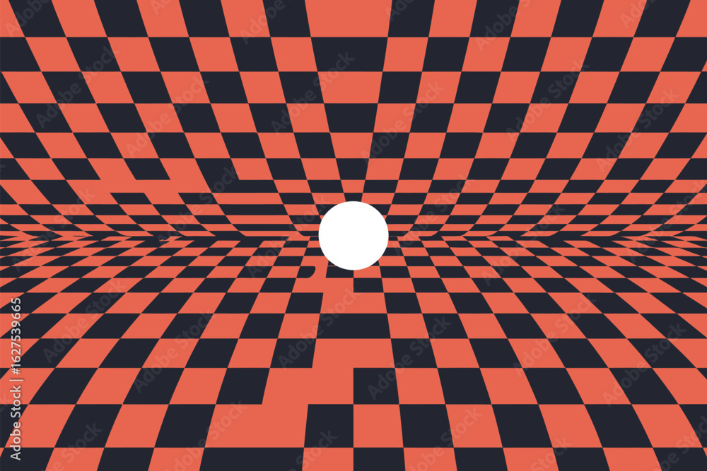 Aufkleber an abstract image of a white circle floating above a red and black checkered plane in perspective vi