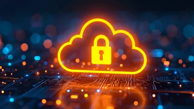 A glowing orange cloud computing icon with padlock, futuristic background - cloud security, data protection, and modern digital technology concept