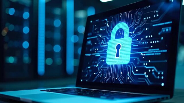 Laptop displaying a digital padlock on circuit board, dimly lit server room background - cybersecurity, data protection, and online privacy concept