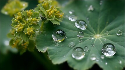 Dewdrops on a green leaf with a cluster of yellow flowers