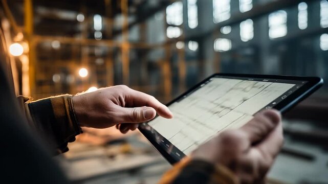 Hands hold tablet displaying floorplan blueprint schematic dimension lines. Interface grid highlights scale rendering prototype concepts. Blueprint layout schematic dimension floorplan rendering merge