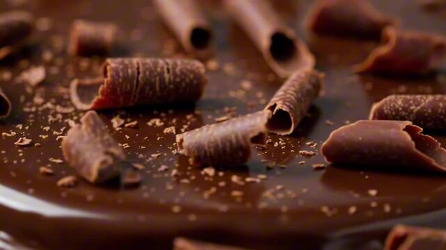 Closeup shows chocolate curls scattered on a smooth glossy chocolate surface with fine chocolate shavings