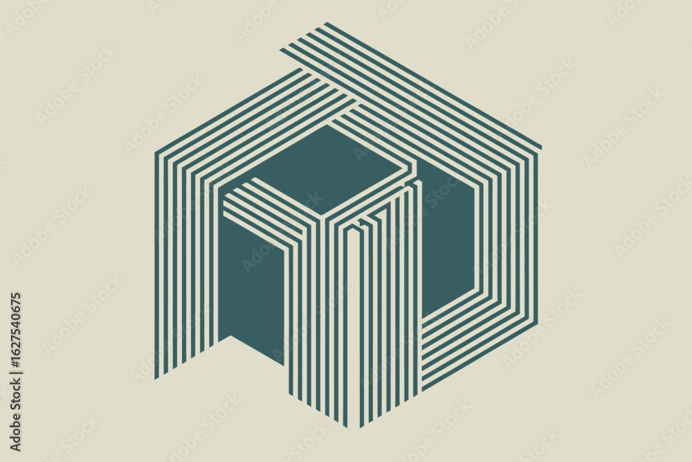 Fototapete a geometric design featuring a cube like structure with multiple layers of parallel lines and teal c