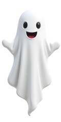 A spooky yet playful Halloween ghost figure, with a flowing, semi-transparent white sheet-like form and subtle shading to create a floating effect. The ghost has expressive eyes and a slightly open mo
