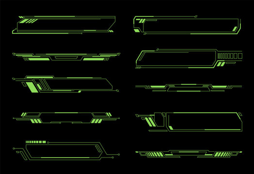 Collection of futuristic high tech design frames and banners green line art creates cyberpunk for digital interfaces heads up displays HUD gaming elements technology themed motion graphics