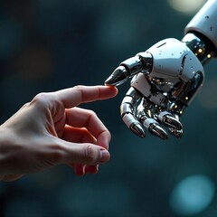 A symbolic and emotional scene where a human finger gently reaches out to touch the fingertip of a robot&rsquo;s metallic finger, echoing Michelangelo's 'Creation of Adam'. The robot's finger is sleek, chro