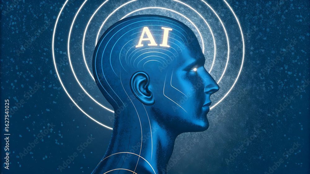 Poster futuristic blue artificial intelligence head with glowing ai symbol and concentric circles represent