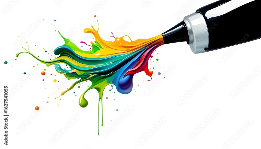 Poster a black marker pen with a burst of vibrant colorful paint exploding from the tip on white background