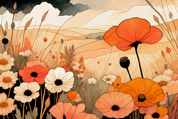 Colorful flowers bloom in a poppy field with orange and white petals. Soft hills rise in the background as the sun sets, creating a warm atmosphere. Generative AI.