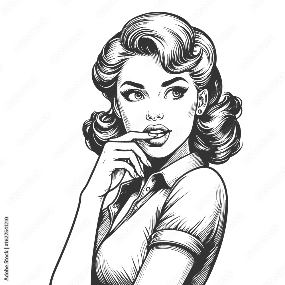 Poster pinup-style woman with voluminous curls and a flirtatious finger-on-lips expression sketch engraving