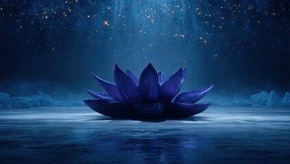 A large, stylized lotus flower rests on a placid body of water under a starry night sky.