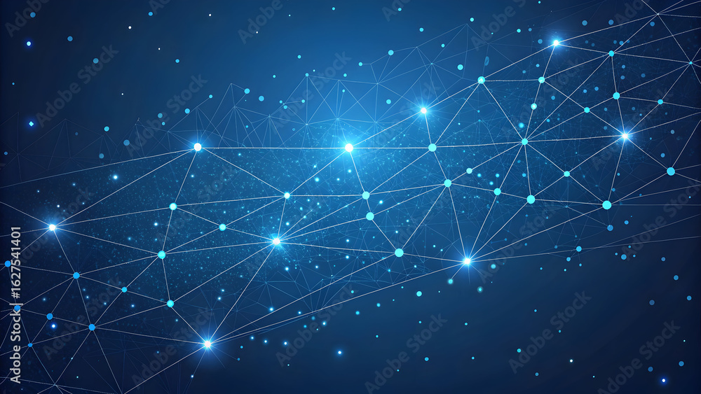 Poster abstract glowing blue network of interconnected lines and bright points of light on a dark cosmic ba
