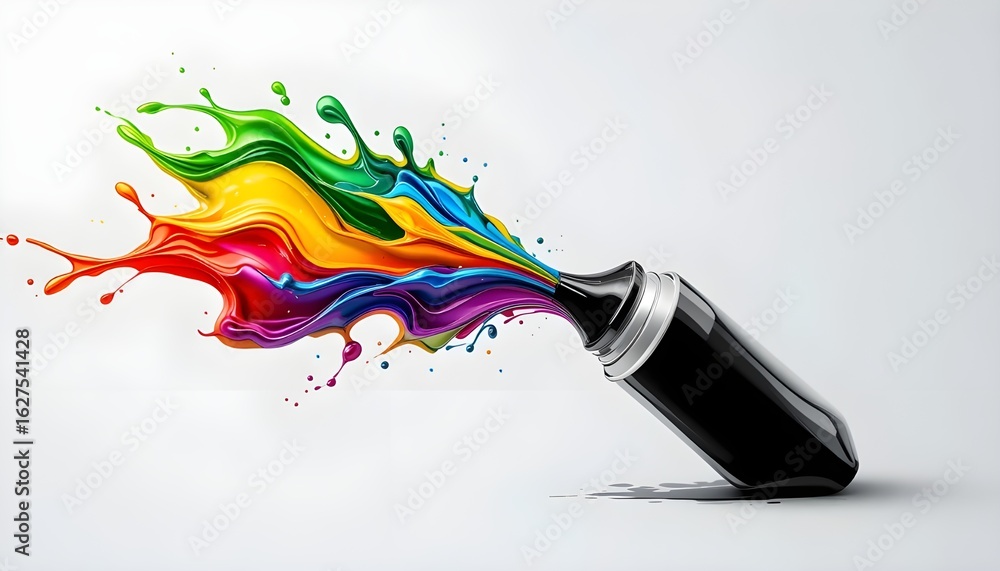 Poster a black marker with colorful paint splashing out of it on a white background in a studio shot