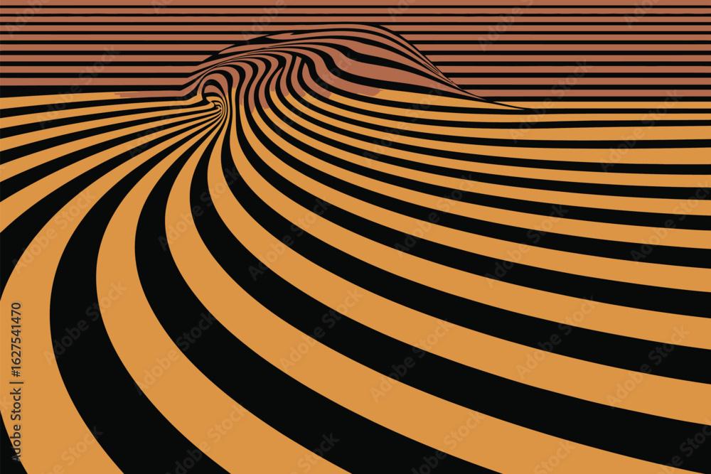 Poster abstract optical illusion with black and orange stripes creating a swirling and undulating pattern