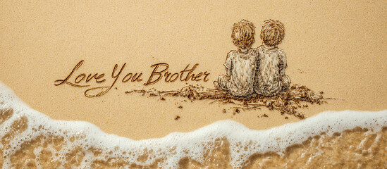 Wide Cinematic Scene of Love You Brother in Sand with One-Line Sketch of Brothers Sitting Together, Gentle Ocean Wave Foam