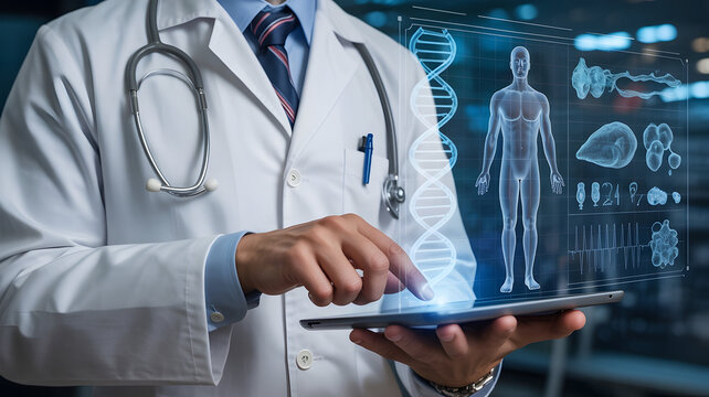 Doctor in a white lab coat uses a tablet to interact with a futuristic holographic medical display showing dna and human anatomy