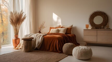 Cozy boho bedroom with natural textures and warm earth tones