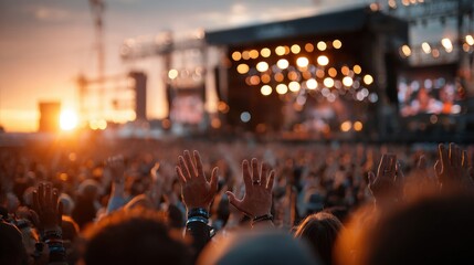 A vibrant outdoor music festival at sunset with the crowd cheering