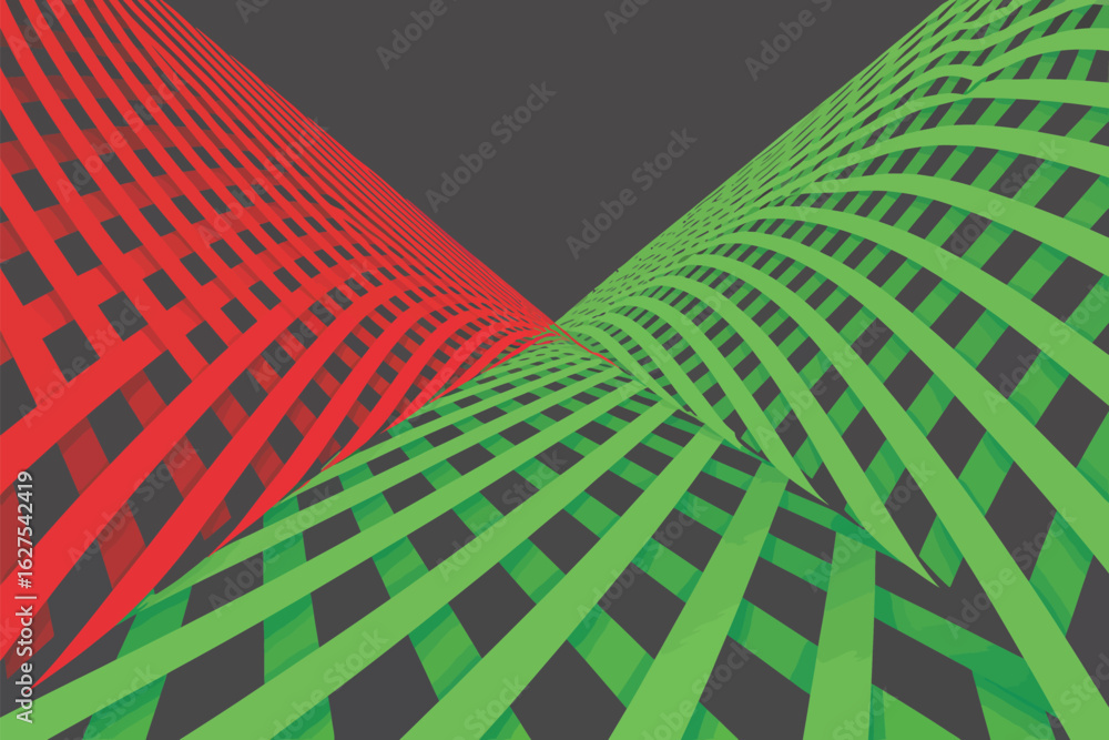 Poster abstract rendering of interwoven red and green bands against a dark gray background creating a wave 