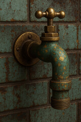 Aged brass faucet on teal brick wall patina