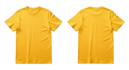 Two bright yellow, blank, short-sleeved, crew-neck t-shirts, one front, one back view, smooth cotton fabric, realistic texture, isolated on transparent background with ample copy space. Concept