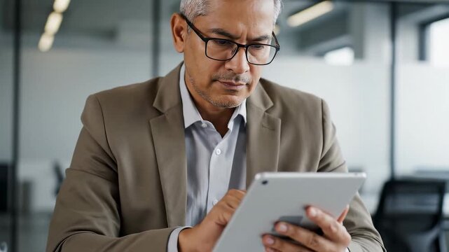 Middle aged professional businessman corporate manager wearing suit and glasses holding tab working on finance project. Busy mature older business man executive standing in office using digital tablet