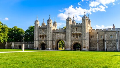Fototapeta premium Ancient stone gatehouse, lush green lawn