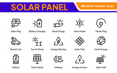 Solar panel color icon set with sun power photovoltaic (PV) home system and renewable electric energy technology glyph symbols: off the grid (OTG), inverter, charge controller, battery, meter.