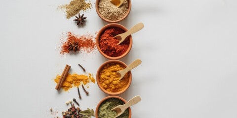 Assorted spices and herbs in bowls for cooking and seasoning