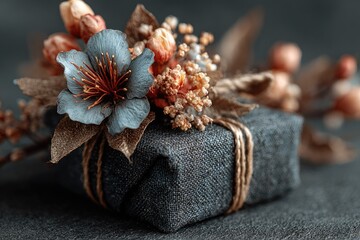 Small gift wrapped in dark fabric, adorned with dried flowers and twine