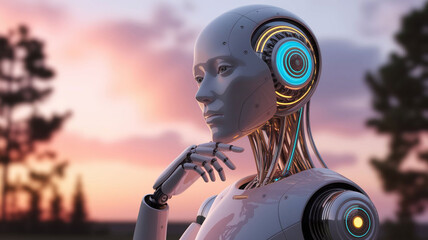 A very thoughtful and serious image of a futuristic humanoid robot with a detailed head and face, looking into the distance