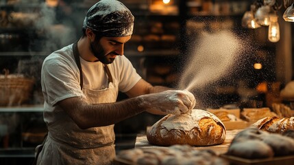 A baker dusting a loaf of bread with flour in a cozy bakery.
