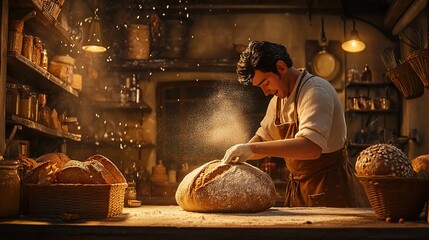 A baker dusting a loaf of bread with flour in a cozy bakery.