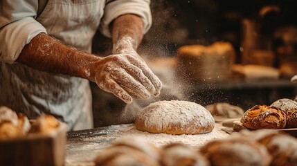 A baker dusting a loaf of bread with flour in a cozy bakery.
