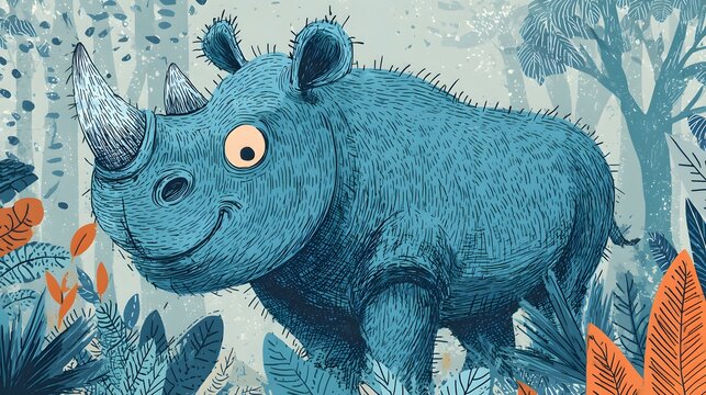 Cartoon Blue Rhinosaur Dinosaur in Colorful Jungle Scene for Kids Illustration