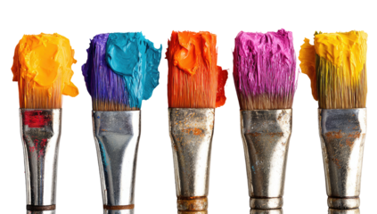 Close-up of five paintbrushes, each tipped with a vibrant color of paint