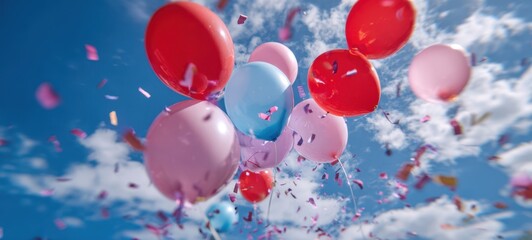 The colorful balloons soaring against a vibrant blue sky with confetti.