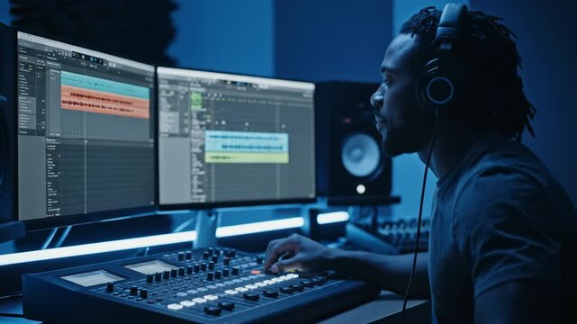 Man Creating Music at Night in a Digital Audio Workstation Studio