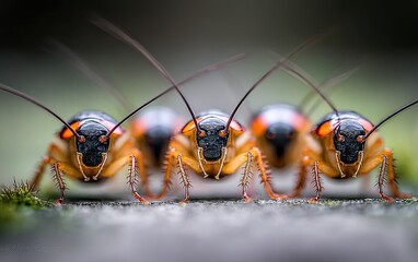 Four insects, likely roaches, in a row, face-on view. Close-up, detailed view of their bodies, antennae, and legs. Orange-red and black coloration. Dark, muted background