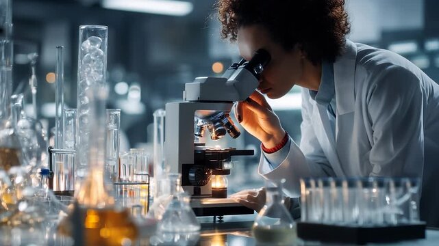 Scientist with gloves observes sample under microscope for science data. Researcher works on analysis in modern laboratory. Experiment reveals new discovery high precision proving laboratory standards