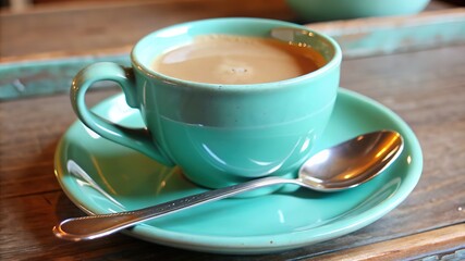 Warm cup of coffee resting elegantly on a vibrant green saucer inviting a moment of tranquility and reflection